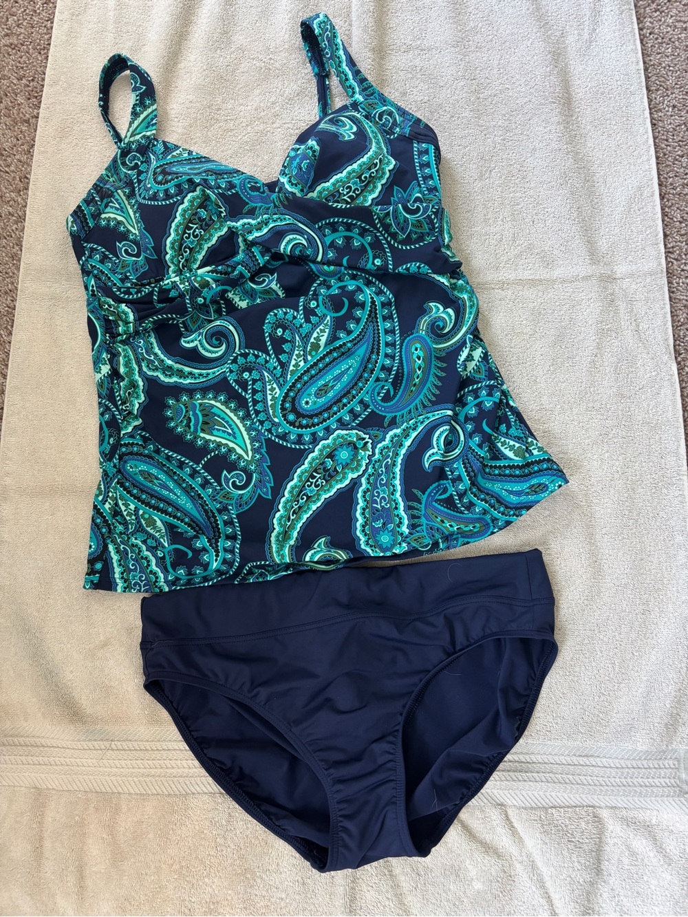Lands' End Navy & Teal Paisley Tankini with Navy Bottoms